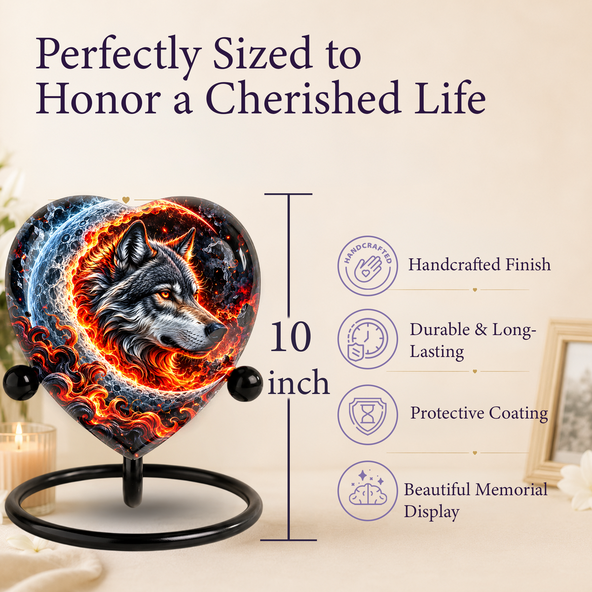 Wolf Cremation Urn for Ashes, Adult Memorial Urn, Personalized Wolf Urn, Heart Shaped Urn for Men