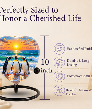 Penguin Beach Cremation Urn for Ashes, Penguin Memorial Urn, Ocean Sunset Urn, Heart Shaped Cremation Urn