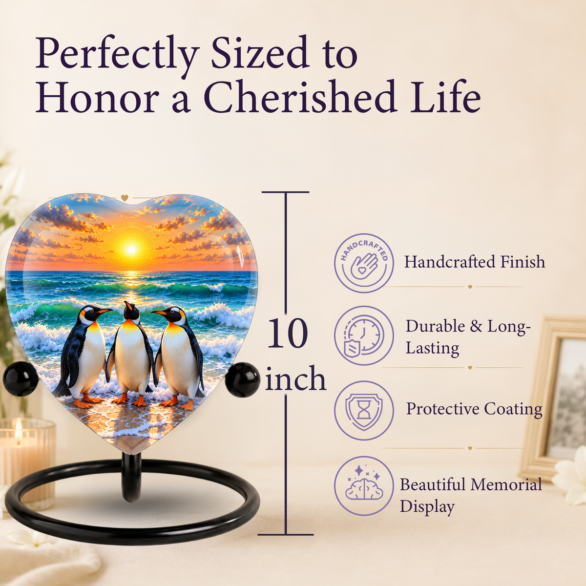 Penguin Beach Cremation Urn for Ashes, Penguin Memorial Urn, Ocean Sunset Urn, Heart Shaped Cremation Urn