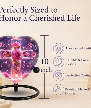 Rose Cross Adult Urn for Ashes, Pink Rose Memorial Adult Cremation Urn, Heart Shaped Urn for Adult Ashes,