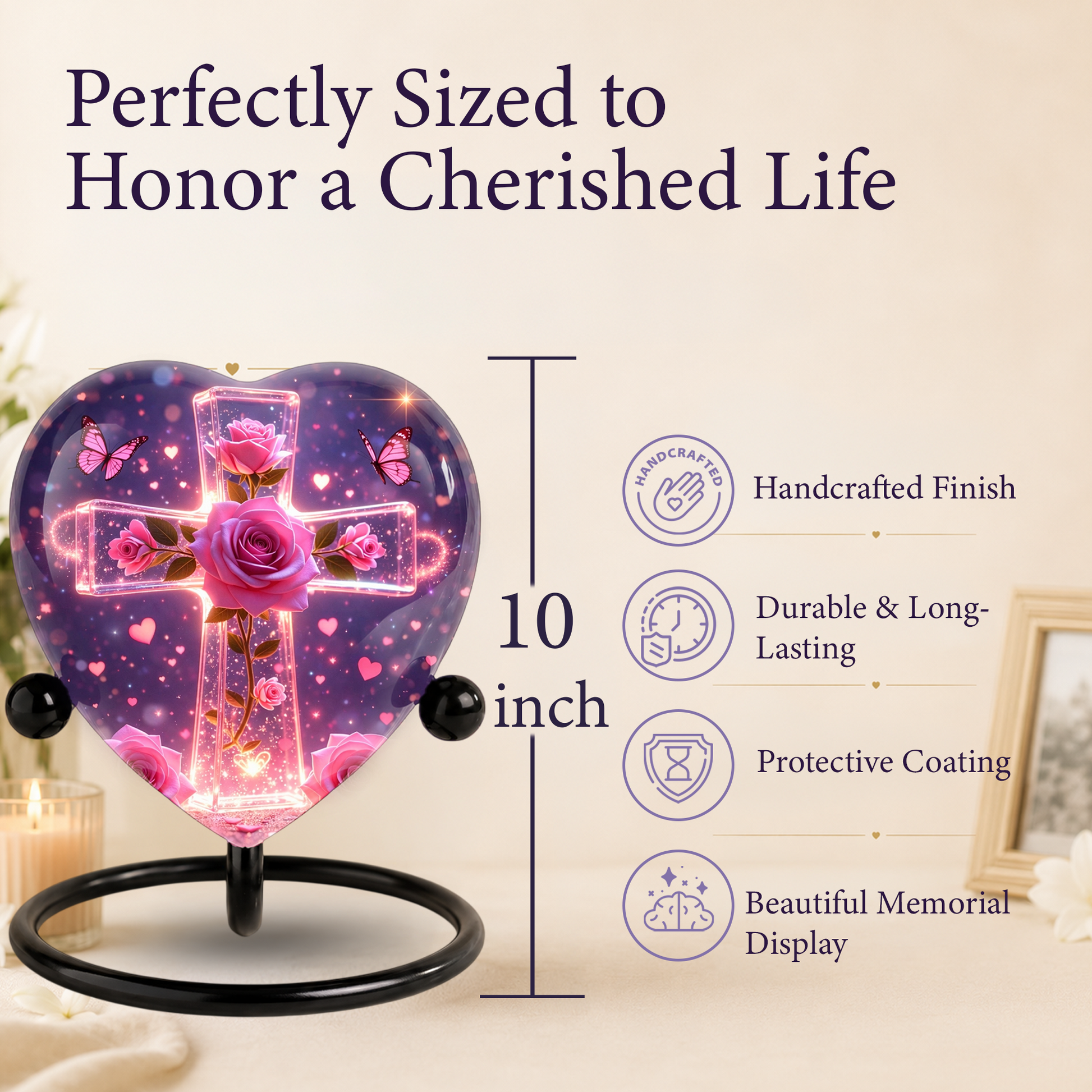 Rose Cross Adult Urn for Ashes, Pink Rose Memorial Adult Cremation Urn, Heart Shaped Urn for Adult Ashes,