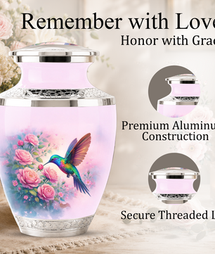 Floral Hummingbird Cremation Urn for Mom, Pink Rose Memorial Keepsake Urn