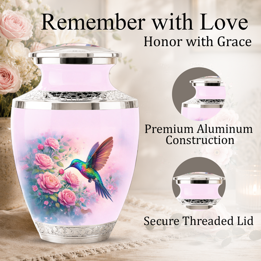 Floral Hummingbird Cremation Urn for Mom, Pink Rose Memorial Keepsake Urn