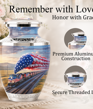 Train Cremation Urn for Dad, Patriotic Railroad Memorial Urn, American Train Keepsake for Father