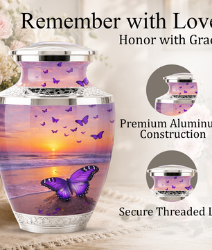 Purple Butterfly Beach Cremation Urn for Mom, Purple Beach Butterfly Memorial Urn for Women
