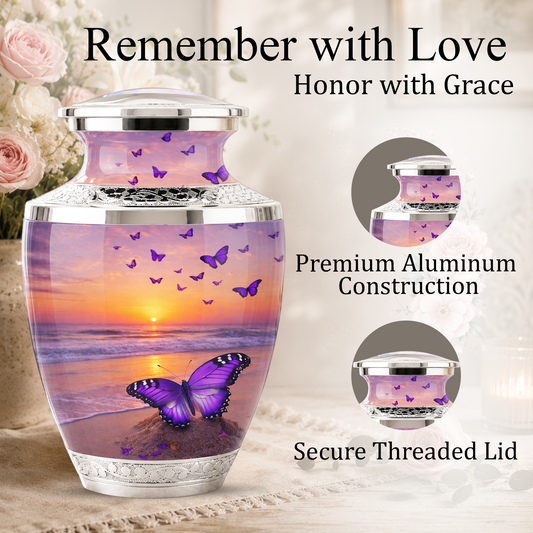 Purple Butterfly Beach Cremation Urn for Mom, Purple Beach Butterfly Memorial Urn for Women