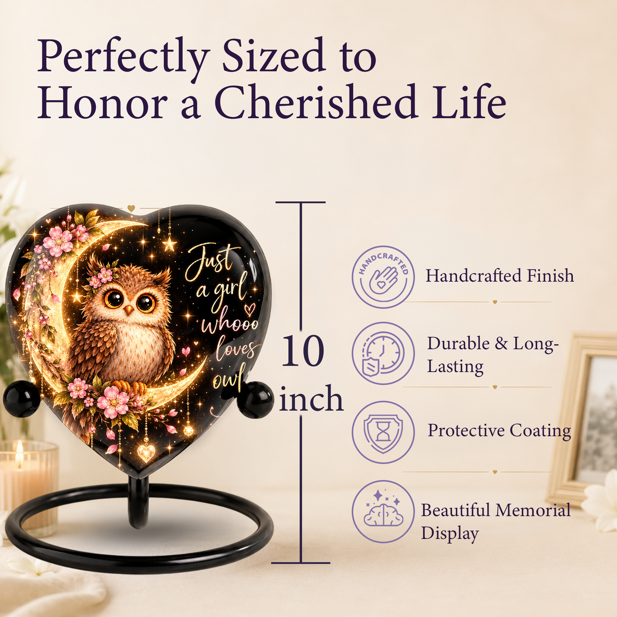 Owl Adult Cremation Urn for Ashes, Personalized Owl Memorial Urn, Heart Shaped Adult Urn, Owl Lover Cremation Urn, Floral Animal Urn
