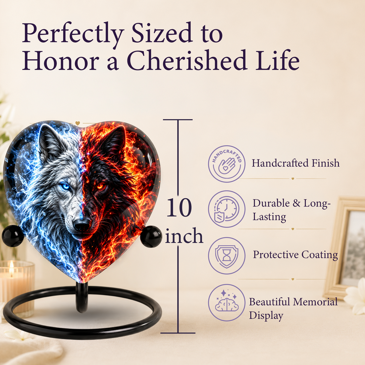 Wolf Heart Cremation Urn for Ashes, Personalized Adult Memorial Urn, White and Black Wolf Urn,
