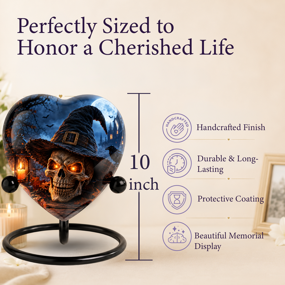 Halloween Skull Cremation Urn for Ashes, Witch Hat Heart Urn, Gothic Memorial Urn, Spooky Halloween Urn, Personalized Skull Urn