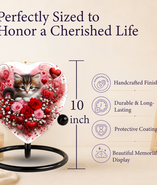 Personalized Cat Urn for Ashes – Heart-Shaped Kitten & Rose Memorial, Custom Pet Urn for Cat