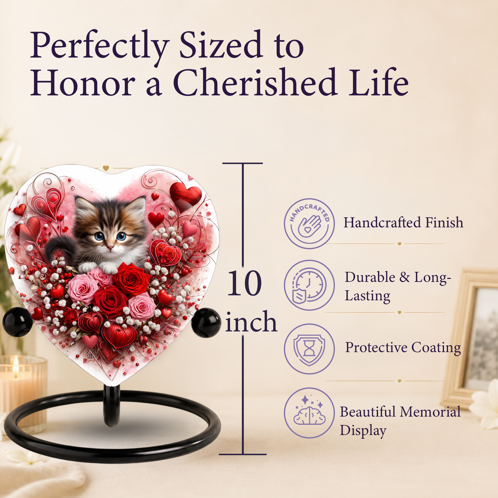 Personalized Cat Urn for Ashes – Heart-Shaped Kitten & Rose Memorial, Custom Pet Urn for Cat