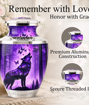 Purple Wolf Cremation Urn for Dad, Wolf Memorial Urn for Men, Wildlife Keepsake Ashes Urn for Father