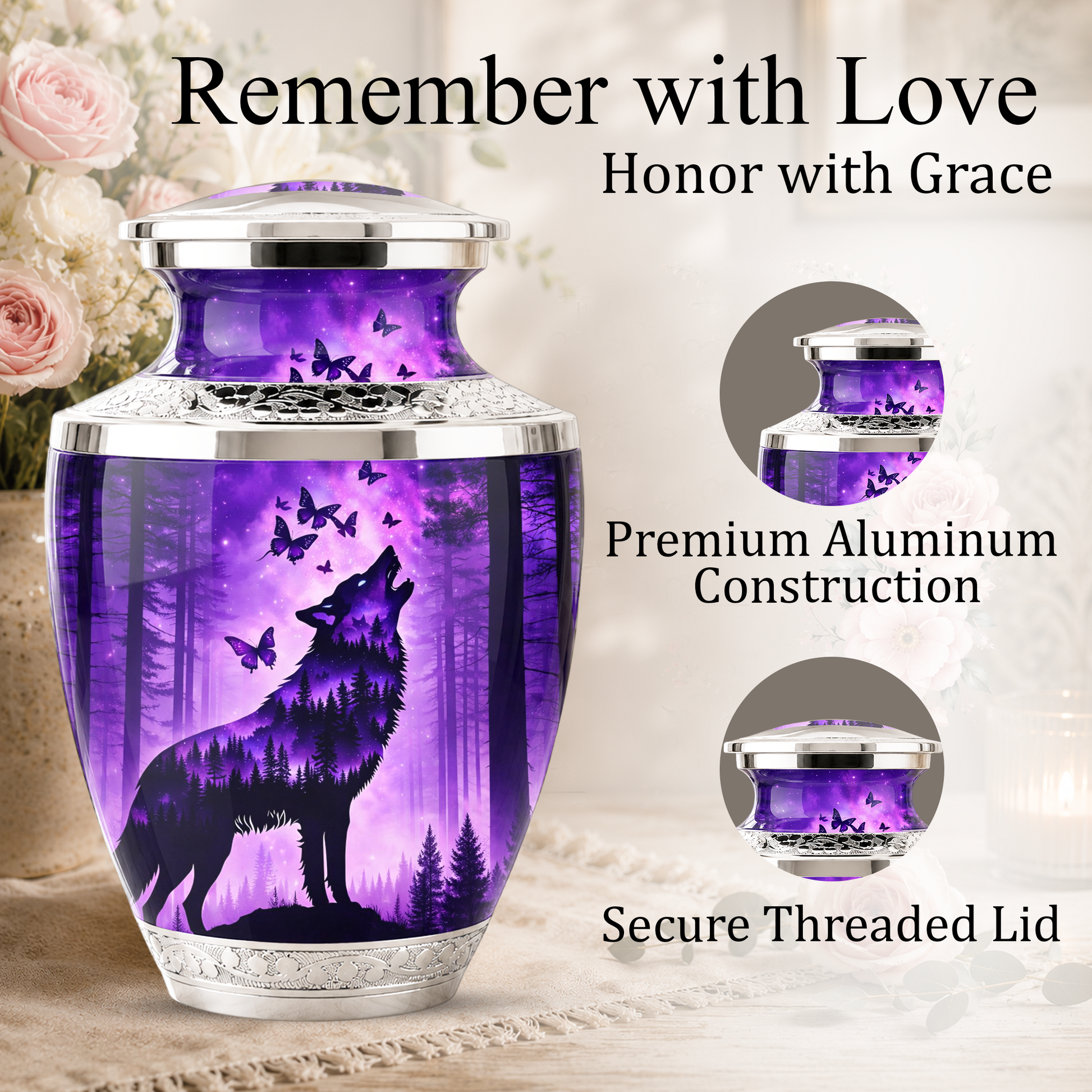 Purple Wolf Cremation Urn for Dad, Wolf Memorial Urn for Men, Wildlife Keepsake Ashes Urn for Father