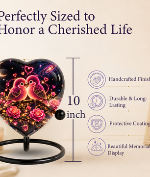 Heart Shaped Love Birds Urn for Ashes, Romantic Pink Birds Cremation Urn
