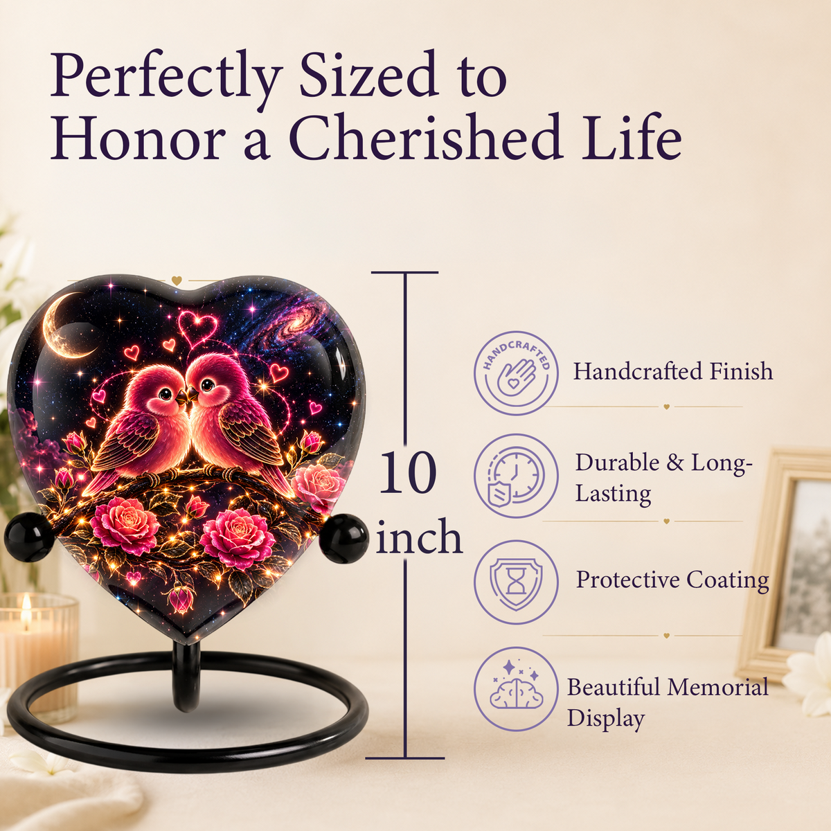 Heart Shaped Love Birds Urn for Ashes, Romantic Pink Birds Cremation Urn