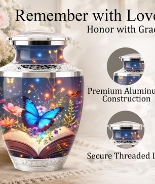 Butterfly Book Cremation Urn for Female - Blue Butterfly Floral Book Urn for Human Ashes