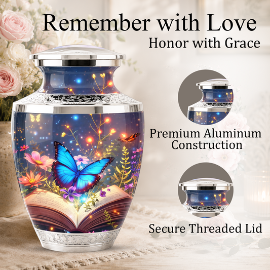 Butterfly Book Cremation Urn for Female - Blue Butterfly Floral Book Urn for Human Ashes