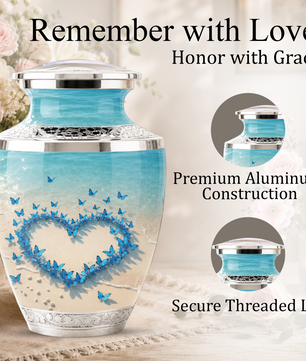 Custom Blue Butterfly Heart Cremation Urn for Mom, Beach Memorial Keepsake Urn