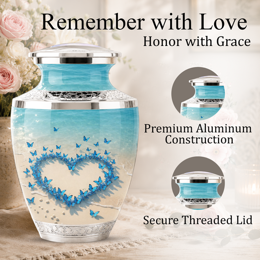 Custom Blue Butterfly Heart Cremation Urn for Mom, Beach Memorial Keepsake Urn