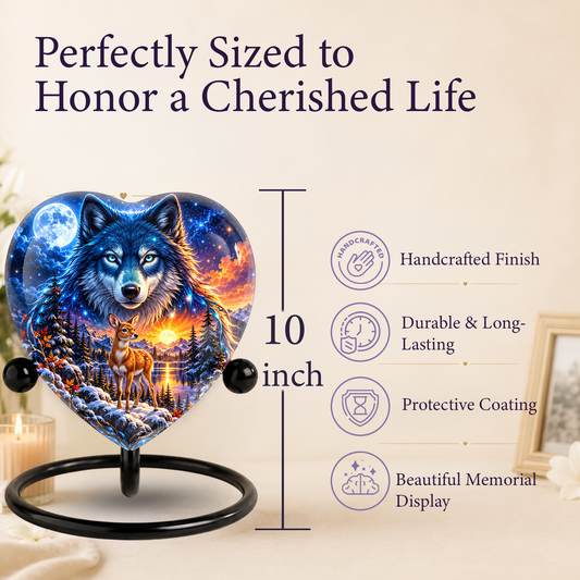 Wolf and Deer Adult Urn for Ashes, Blue Wolf and Fawn Memorial Urn, Celestial Wildlife Cremation Urn