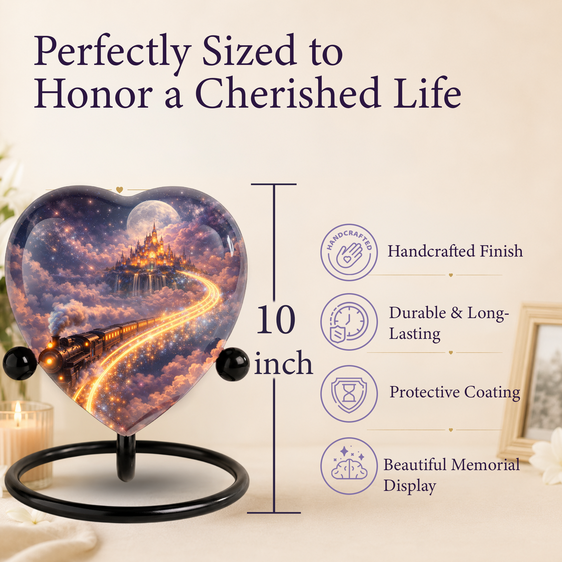 Fantasy Heart Adult Urn for Human Ashes – Enchanted Castle & Train Memorial Adult Cremation Urn