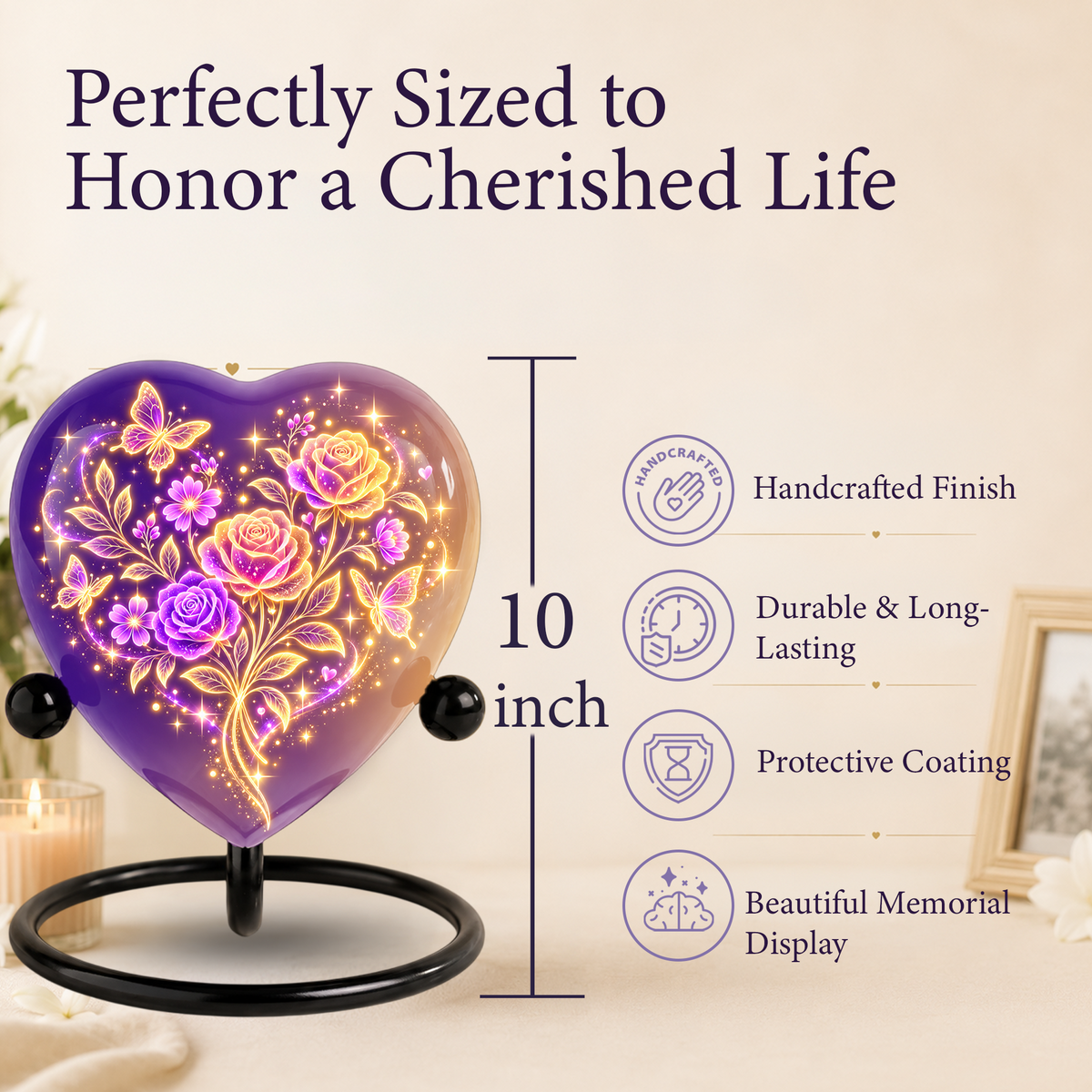 Purple Rose Butterfly Adult Cremation Urn for Ashes, Personalized Floral Adult Urn, Heart Memorial Urn, Rose & Butterfly Cremation Urn