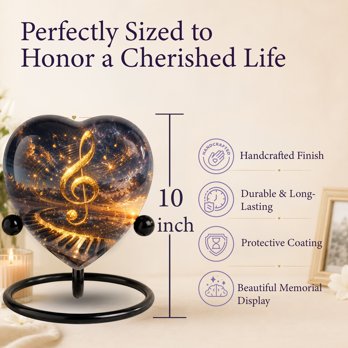 Musical Note Piano Adult Urn – Golden Treble Clef Heart Design Adult Cremation Urn for Ashes