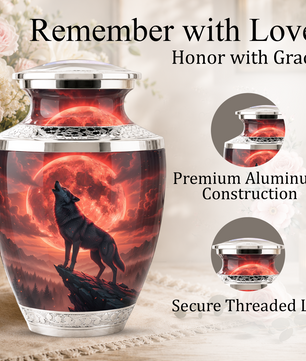 Howling Wolf Cremation Urn for Men, Red Moon Custom Memorial Urn for Father