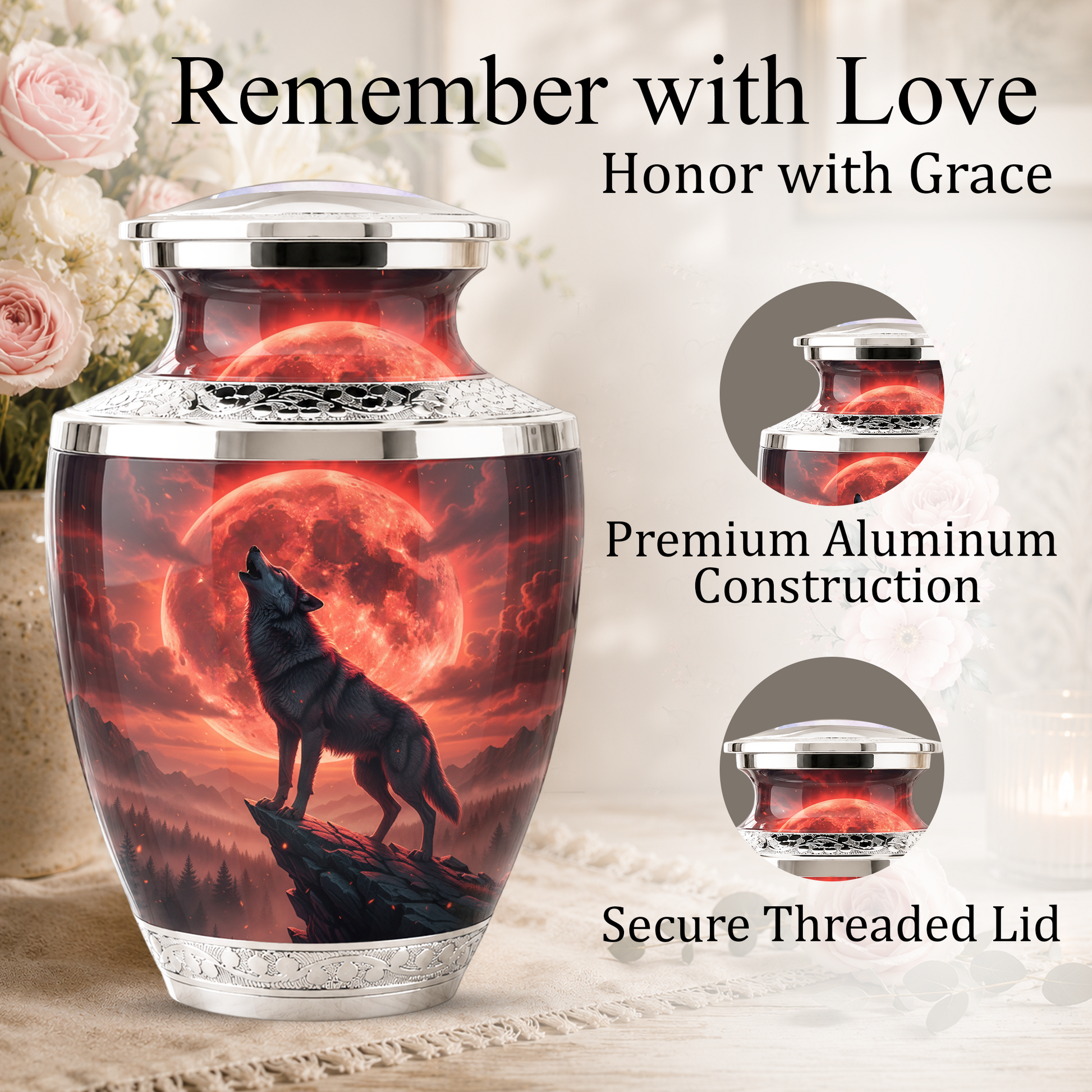 Howling Wolf Cremation Urn for Men, Red Moon Custom Memorial Urn for Father
