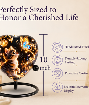 Heart Shaped Cat Urn for Ashes, Kitten and Butterfly Cremation Urn, Personalized Pet Memorial Urn for Human Ashes