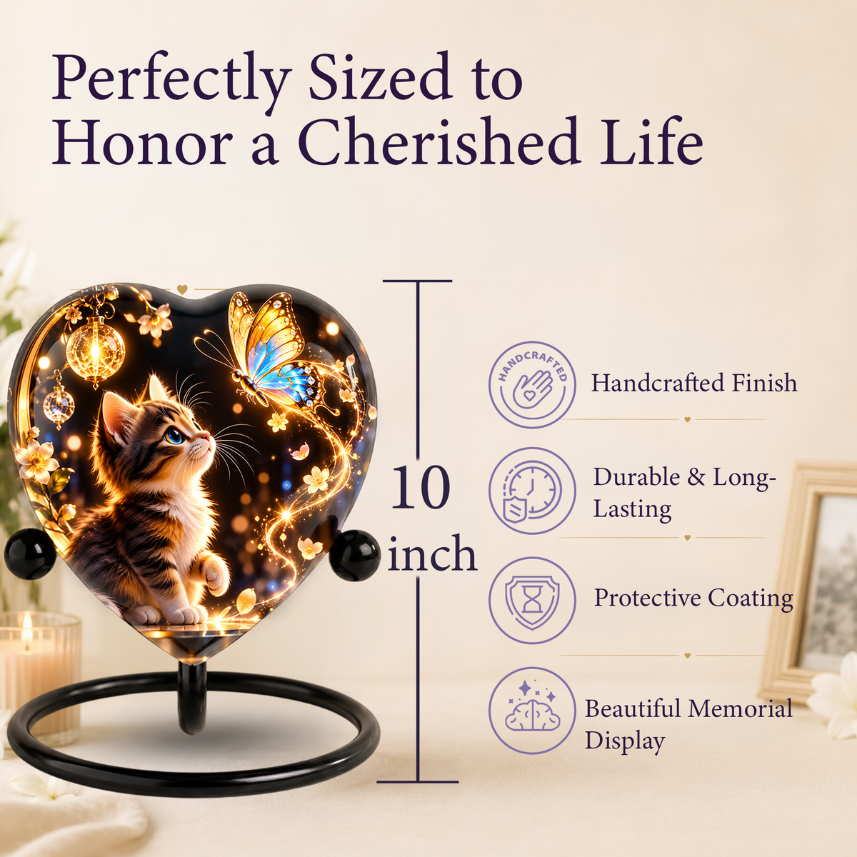 Heart Shaped Cat Urn for Ashes, Kitten and Butterfly Cremation Urn, Personalized Pet Memorial Urn for Human Ashes