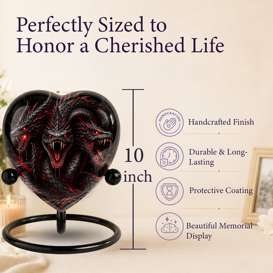 Three Headed Dragon Cremation Urn for Ashes, Hydra Dragon Memorial Urn, Red Black Fantasy Urn, Gothic Adult Cremation Urn, Heart Shaped Urn