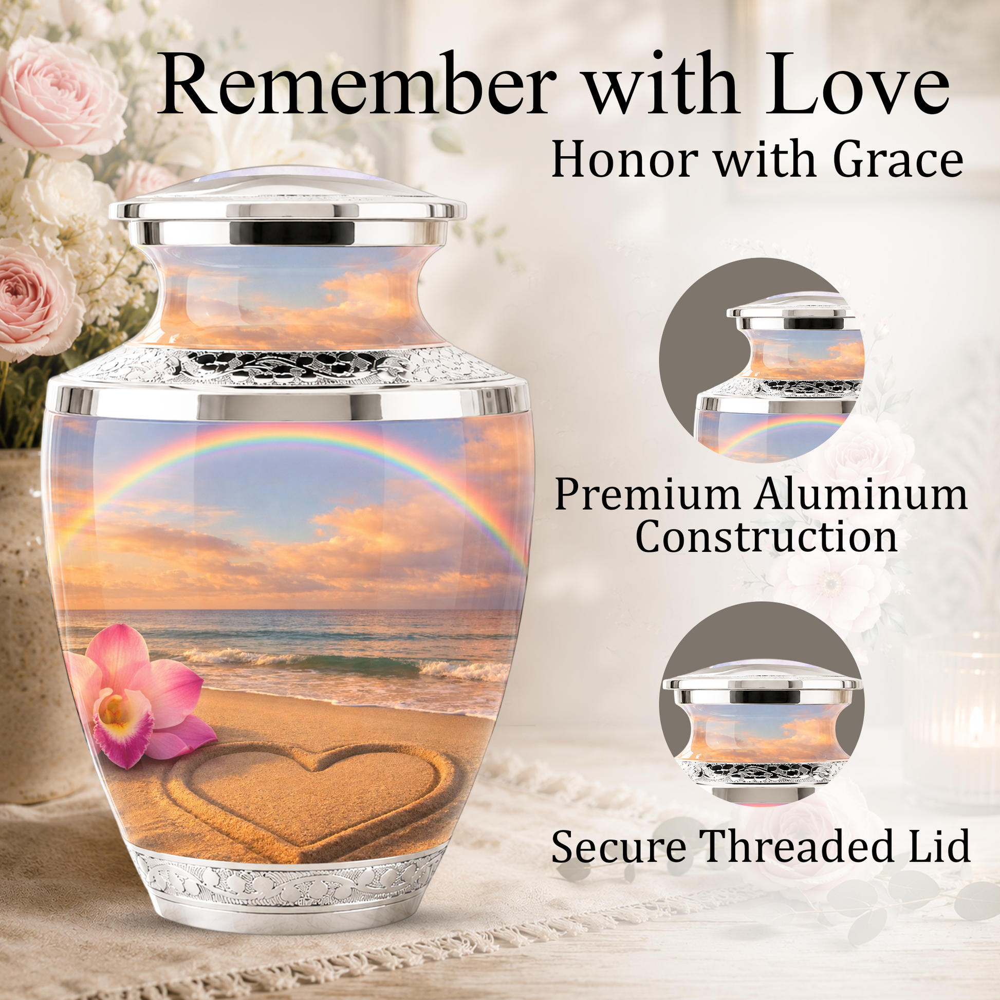 Rose Beach Heart Cremation Urn for Human Ashes, Personalized Rainbow Urns