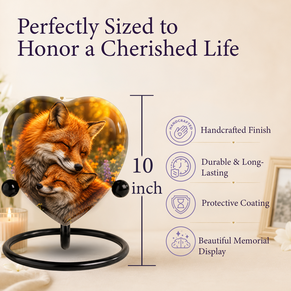 Fox Adult Urn for Ashes, Heart Shaped Adult Cremation Urn, Fox Memorial Urn for Adults