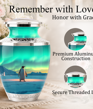Northern Lights Penguin Cremation Urn for Human Ashes, Personalized Memorial Urn