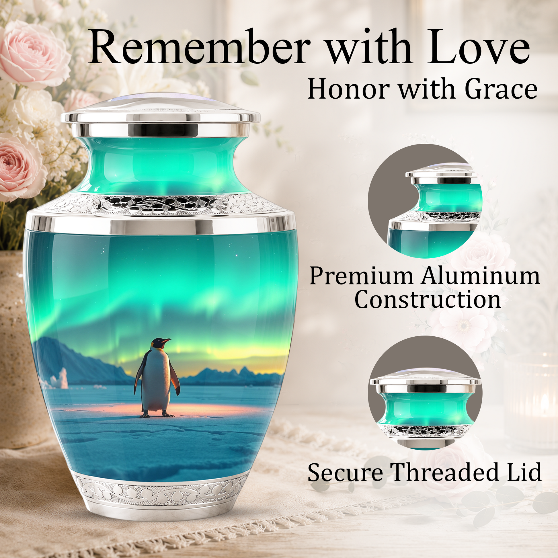Northern Lights Penguin Cremation Urn for Human Ashes, Personalized Memorial Urn