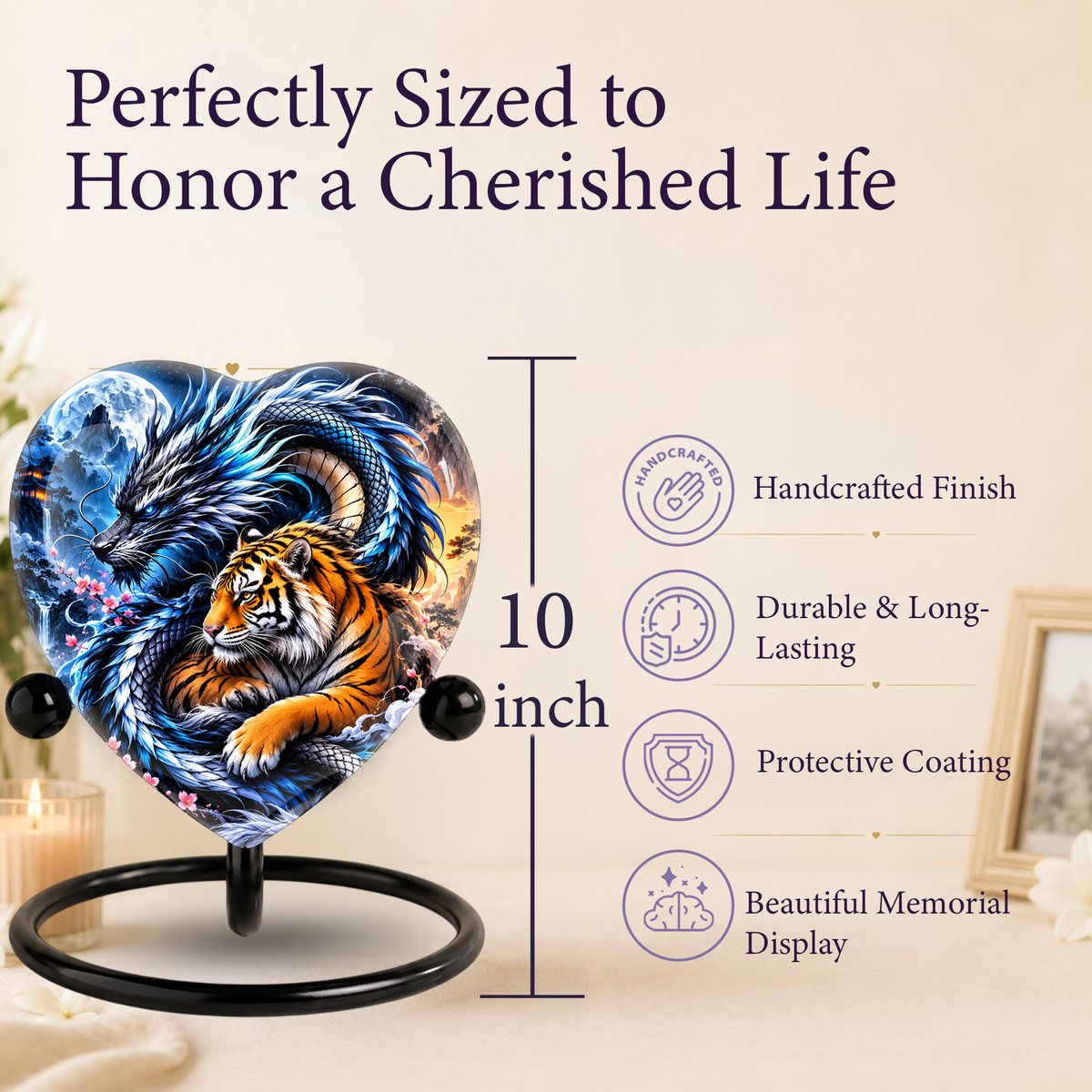 Heart Shaped Dragon and Tiger Urn for Ashes, Fantasy Animal Cremation Urn, Blue Dragon Tiger Memorial Urn for Human Ashes