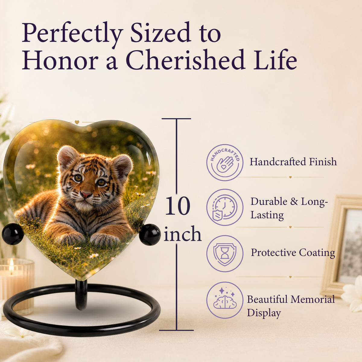 Tiger Urn for Ashes, Heart Shaped Memorial Urn, Personalized Tiger Cremation Urn