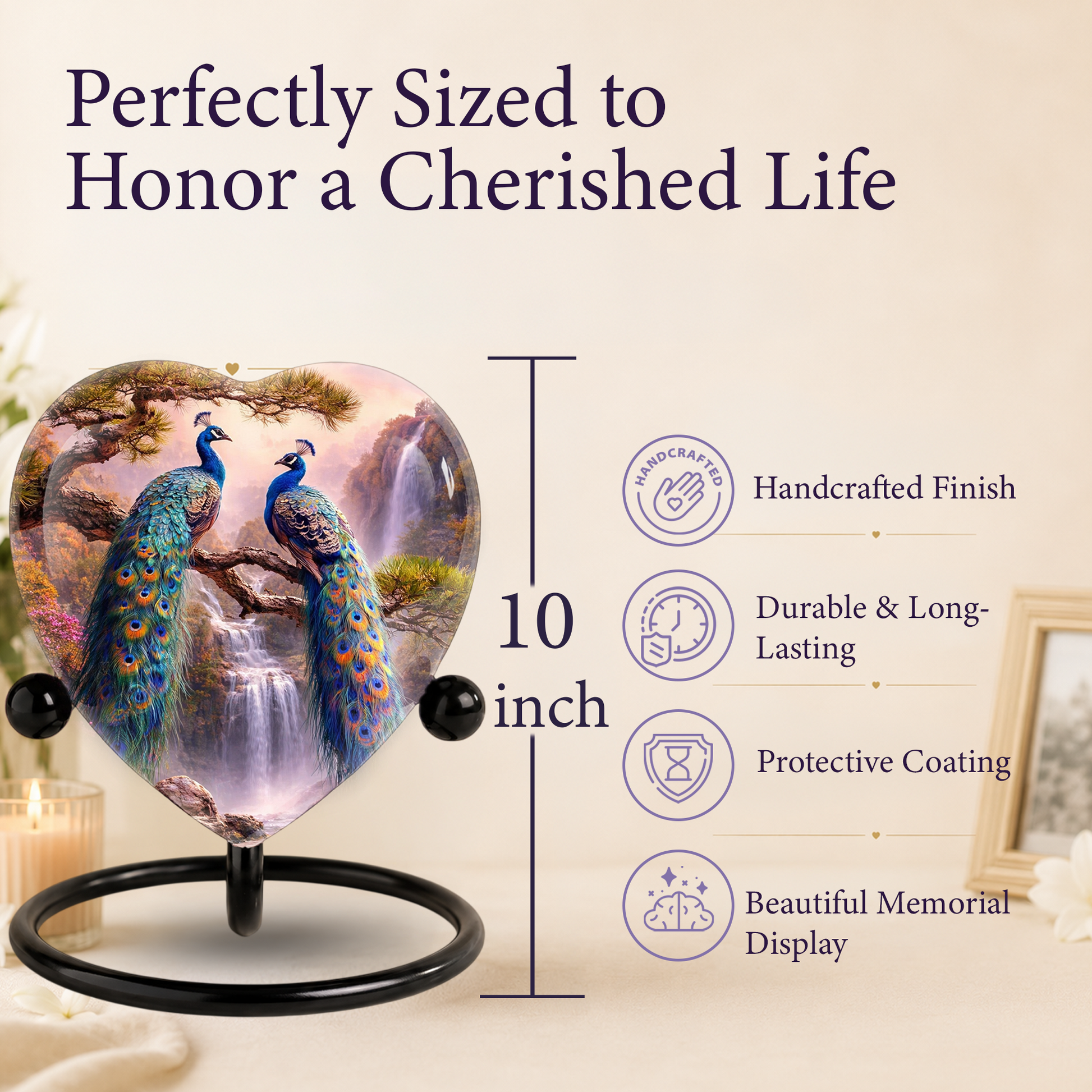 Heart-Shaped Memorial Urn, Peacock Urns for Adult Ashes, Peacock Adult Cremation Urn