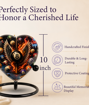 Billiards Cremation Urn, Pool Player Memorial Urn, Heart-Shaped Adult Cremation Urn with Flaming Wings