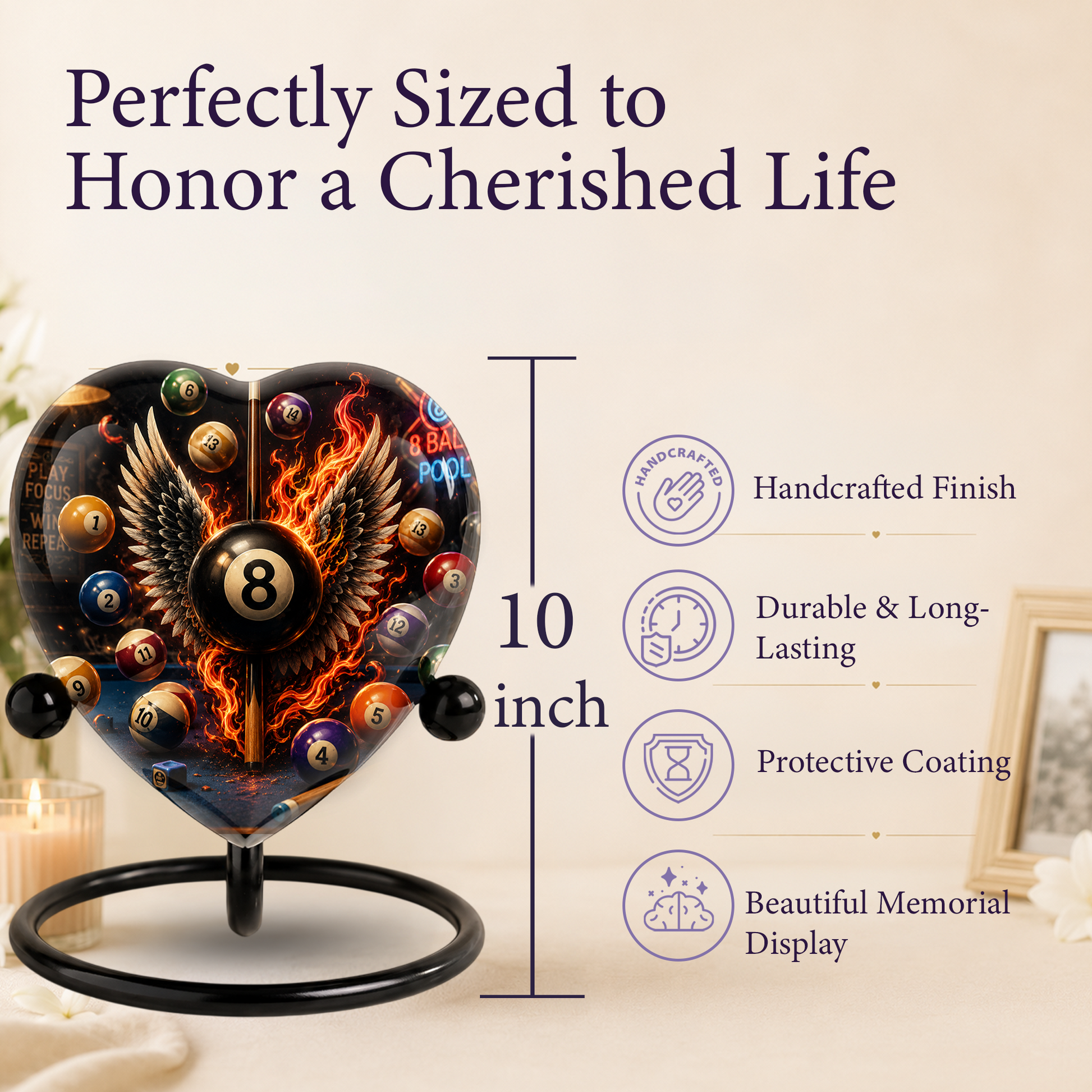 Billiards Cremation Urn, Pool Player Memorial Urn, Heart-Shaped Adult Cremation Urn with Flaming Wings