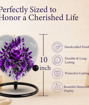 Purple Rose Heart Cremation Urn for Ashes, Floral Memorial Urn, Purple Rose Urn, Personalized Heart Urn, Gothic Flower Cremation Urn