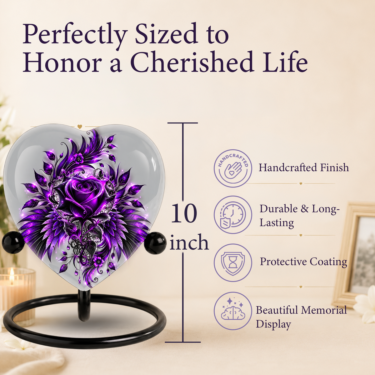 Purple Rose Heart Cremation Urn for Ashes, Floral Memorial Urn, Purple Rose Urn, Personalized Heart Urn, Gothic Flower Cremation Urn