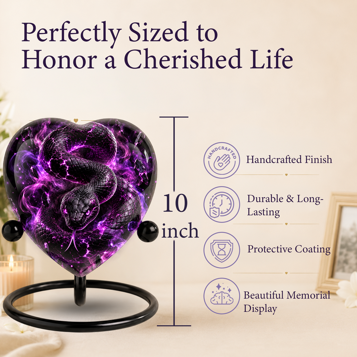 Purple Snake Cremation Urn for Ashes, Snake Memorial Urn, Gothic Serpent Adult Urn, Personalized Snake Urn for Men, Heart Shaped Cremation Urn