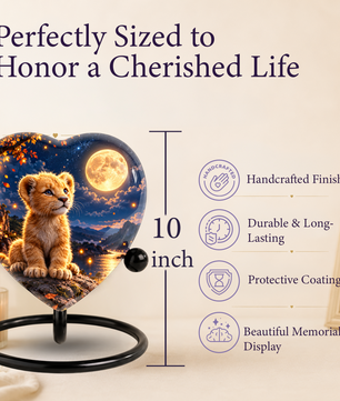 Lion Cub Adult Urn for Ashes, Baby Lion Memorial Urn, Golden Moon and Mountain Cremation Urn