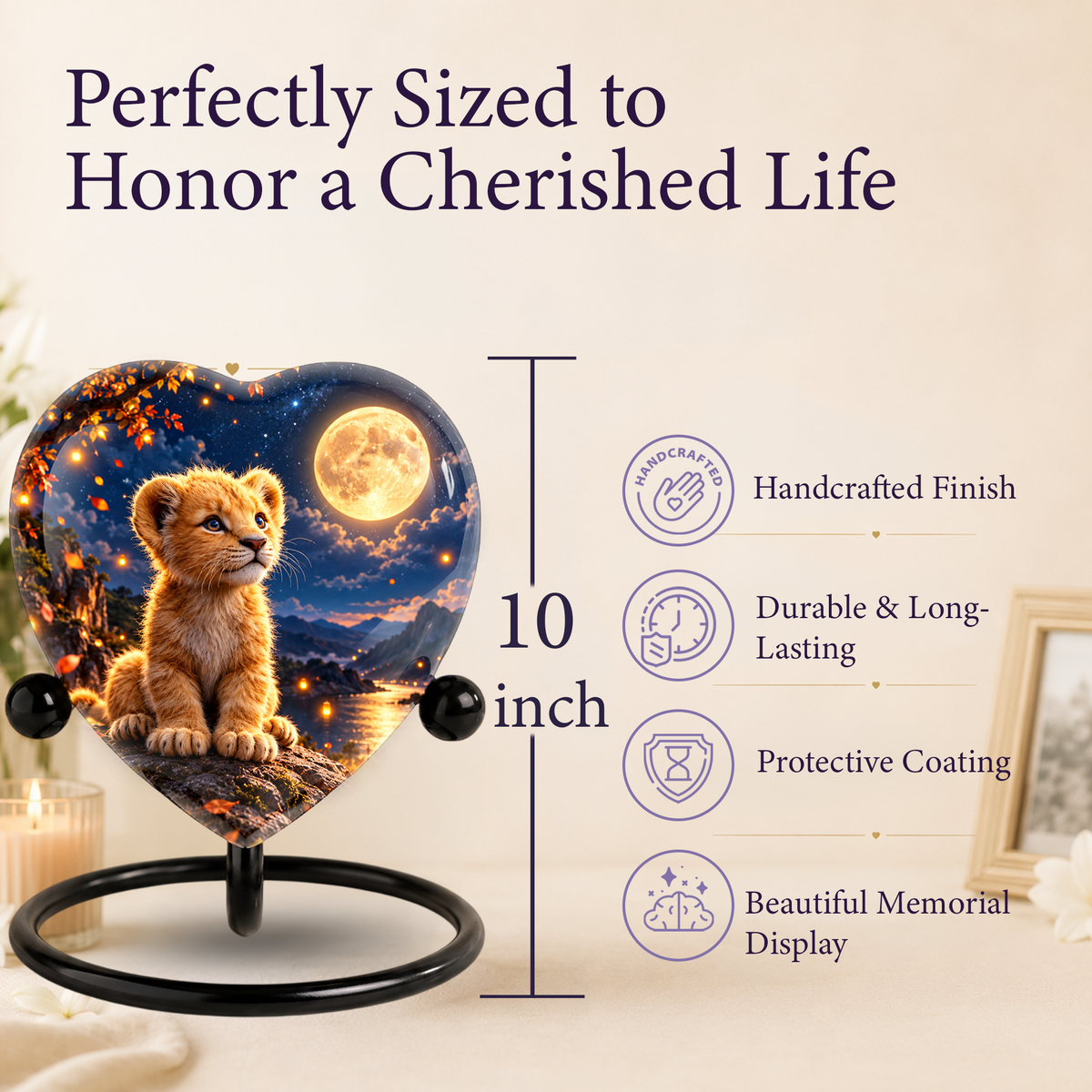 Lion Cub Adult Urn for Ashes, Baby Lion Memorial Urn, Golden Moon and Mountain Cremation Urn