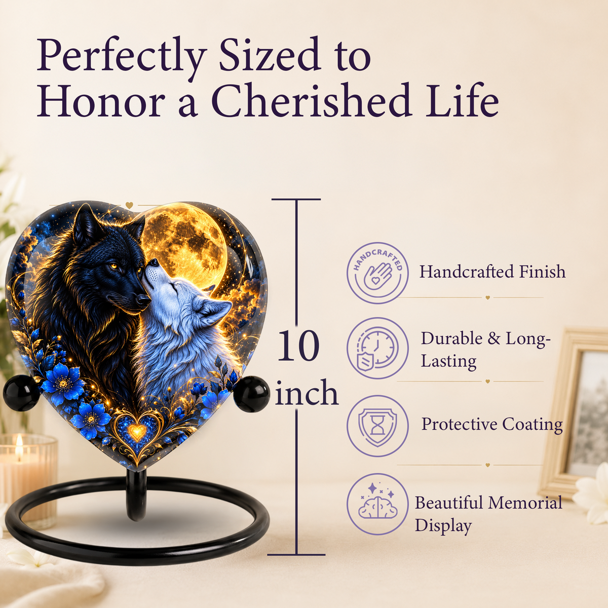 Wolf Couple Heart Cremation Urn for Ashes, Personalized Adult Memorial Urn, Wolf Urn for Couples