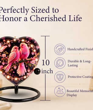 Heart Shaped Pink Birds Urn for Ashes, Butterfly Cremation Urn, Romantic Love Birds Memorial Urn for Human Ashes