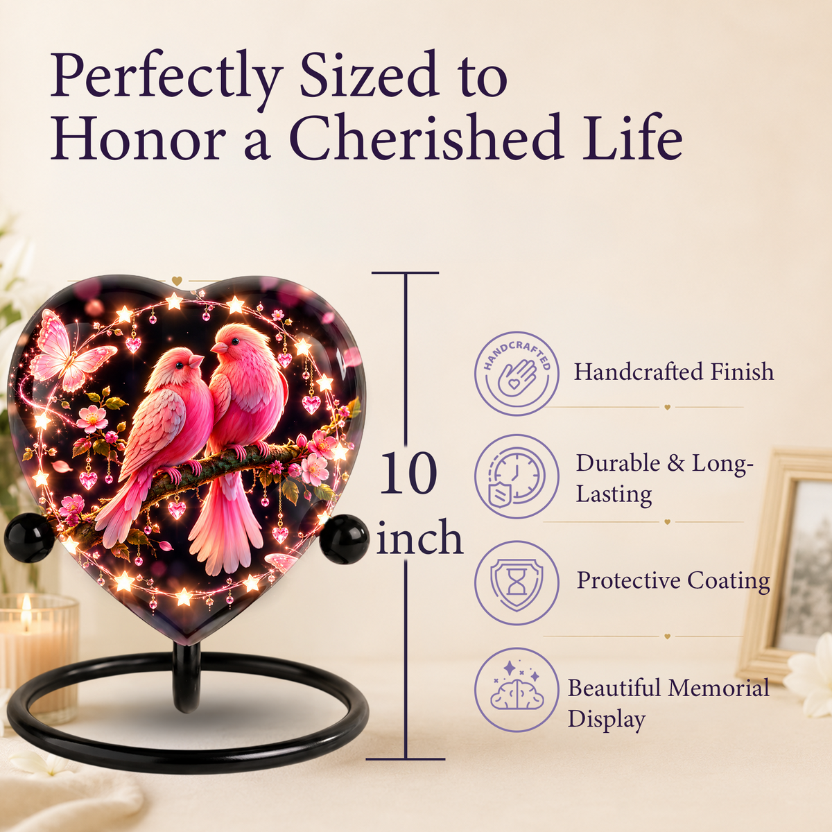 Heart Shaped Pink Birds Urn for Ashes, Butterfly Cremation Urn, Romantic Love Birds Memorial Urn for Human Ashes