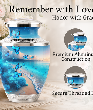 Blue Butterfly Beach Urn for Mom, Ocean Cremation Urn for Women, Butterfly Memorial Keepsake